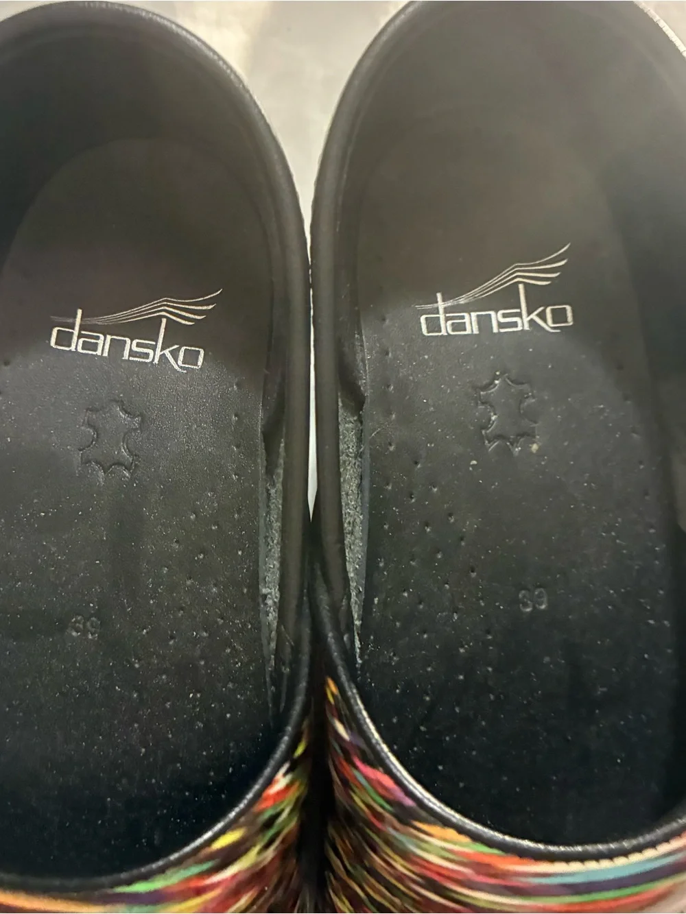 Dansko Multicolor Patent Slip-On Clogs with Rainbow Stripes - Picture 5 of 5